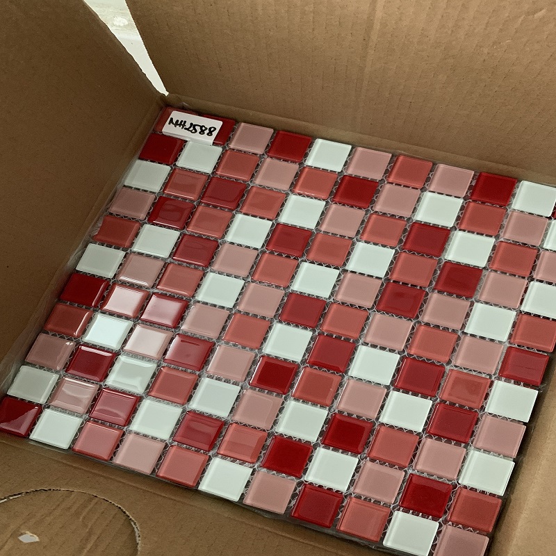 Gạch mosaic thủy tinh 25x25mm màu đỏ trộn MH 2588